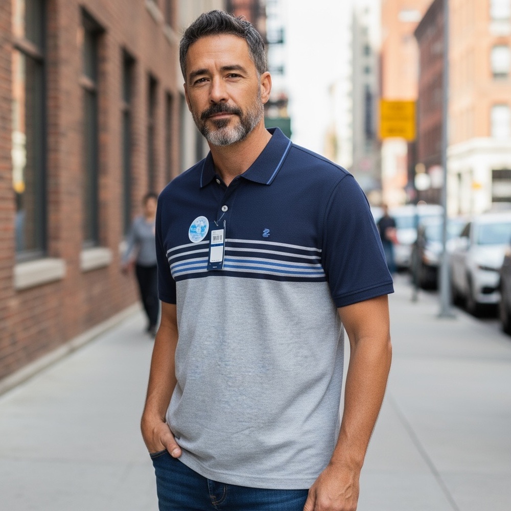 Izod Advantage Performance Stretch Navy and Light Gray Striped Polo - XL